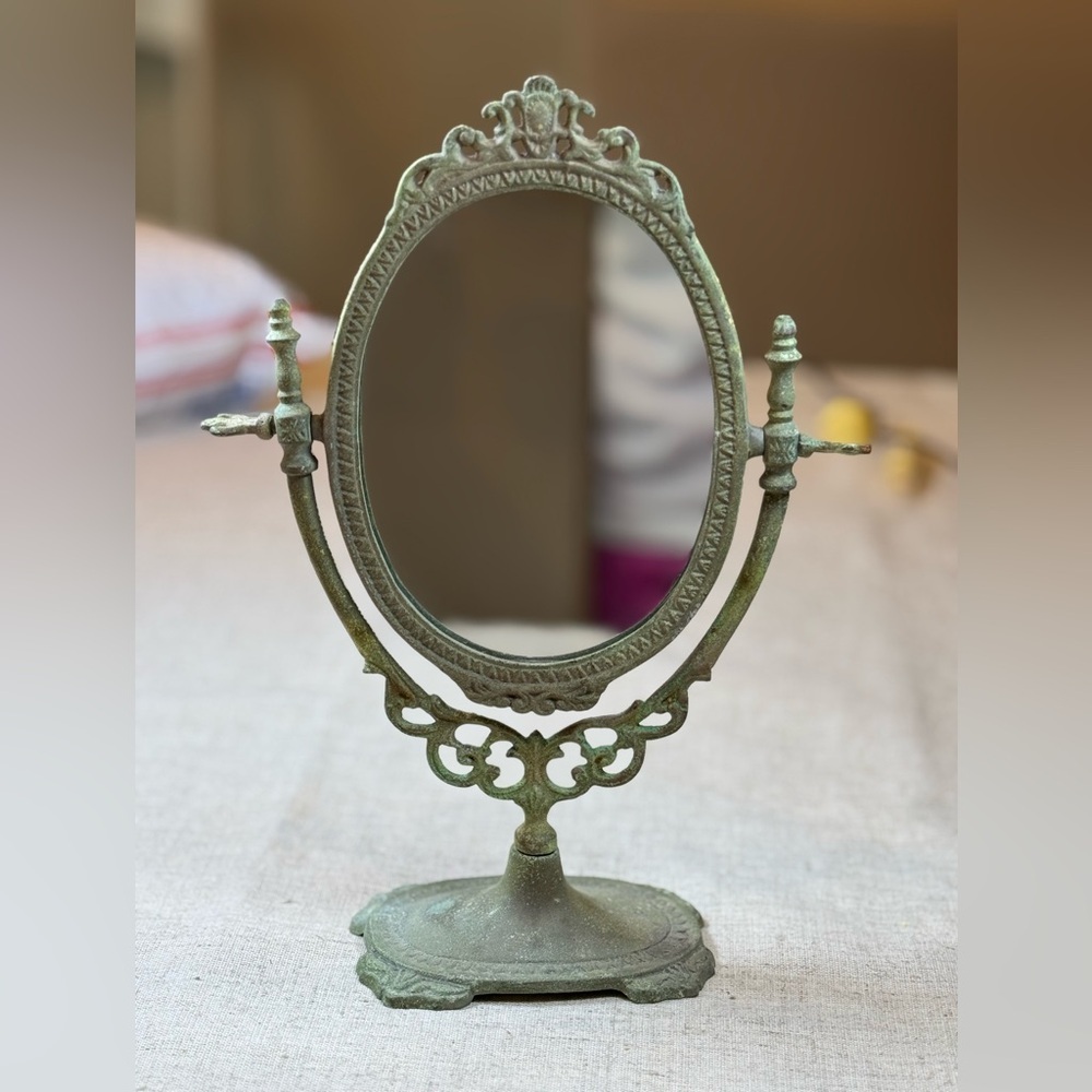 Vintage Dresser Mirror Oval Swivel Weathered Green Distressed
